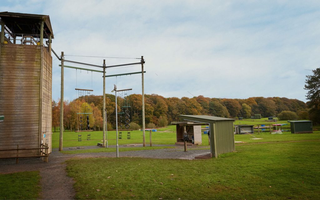 Abseil tower and high ropes activity bases at PGL Winmarleigh Hall, Lancashire