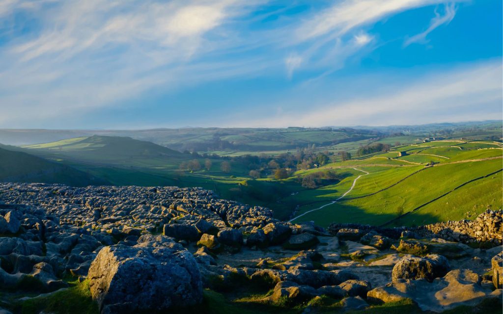 Aerial view of the Yorkshire Dales National Park, close to Newby Wiske Hall